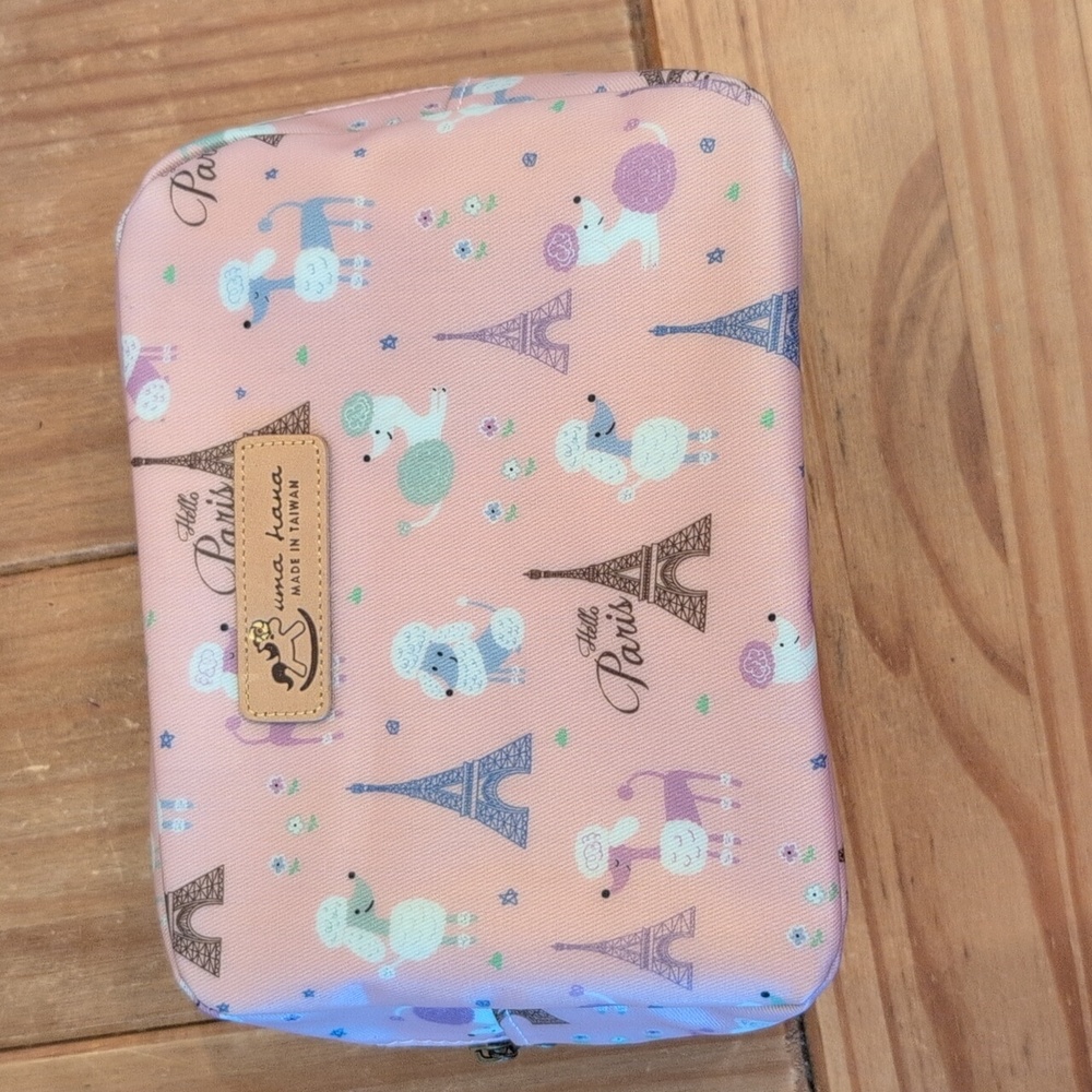 Uma Hana "Hello Paris" Pink Cosmetic Bag W/ Poodles and the Eiffel Tower Print